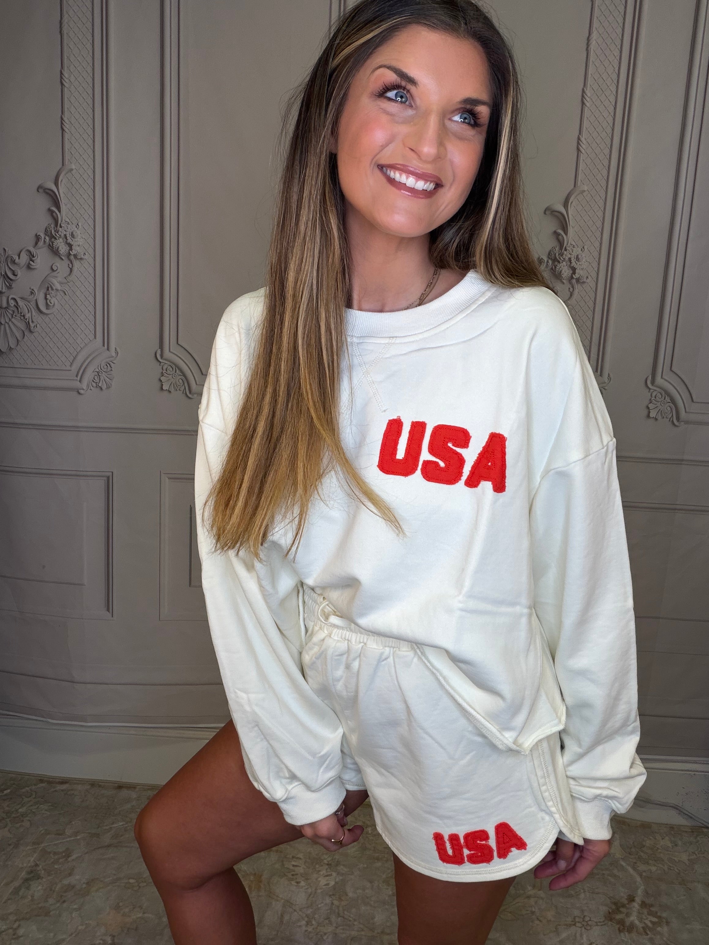Knit Cotton Crew Pullover with USA Patch