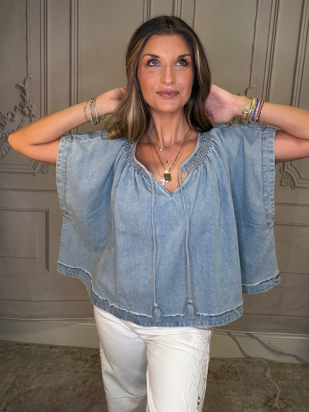 SMOCKED NECK DOLMAN CHAMBRAY DENIM BLOUSE TOP