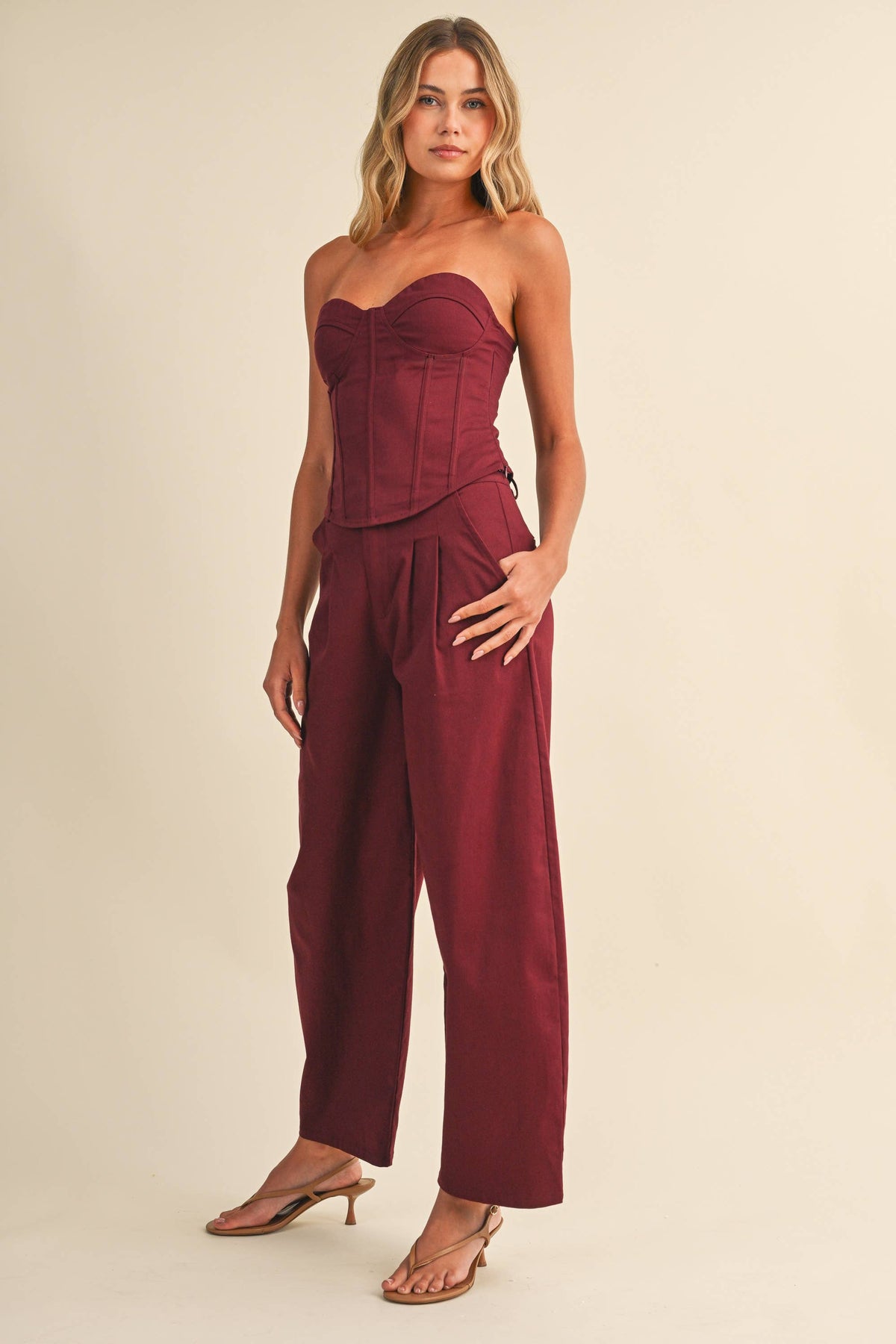 MAROON MAYHEM CROSET TOP AND BARREL LEG PANT