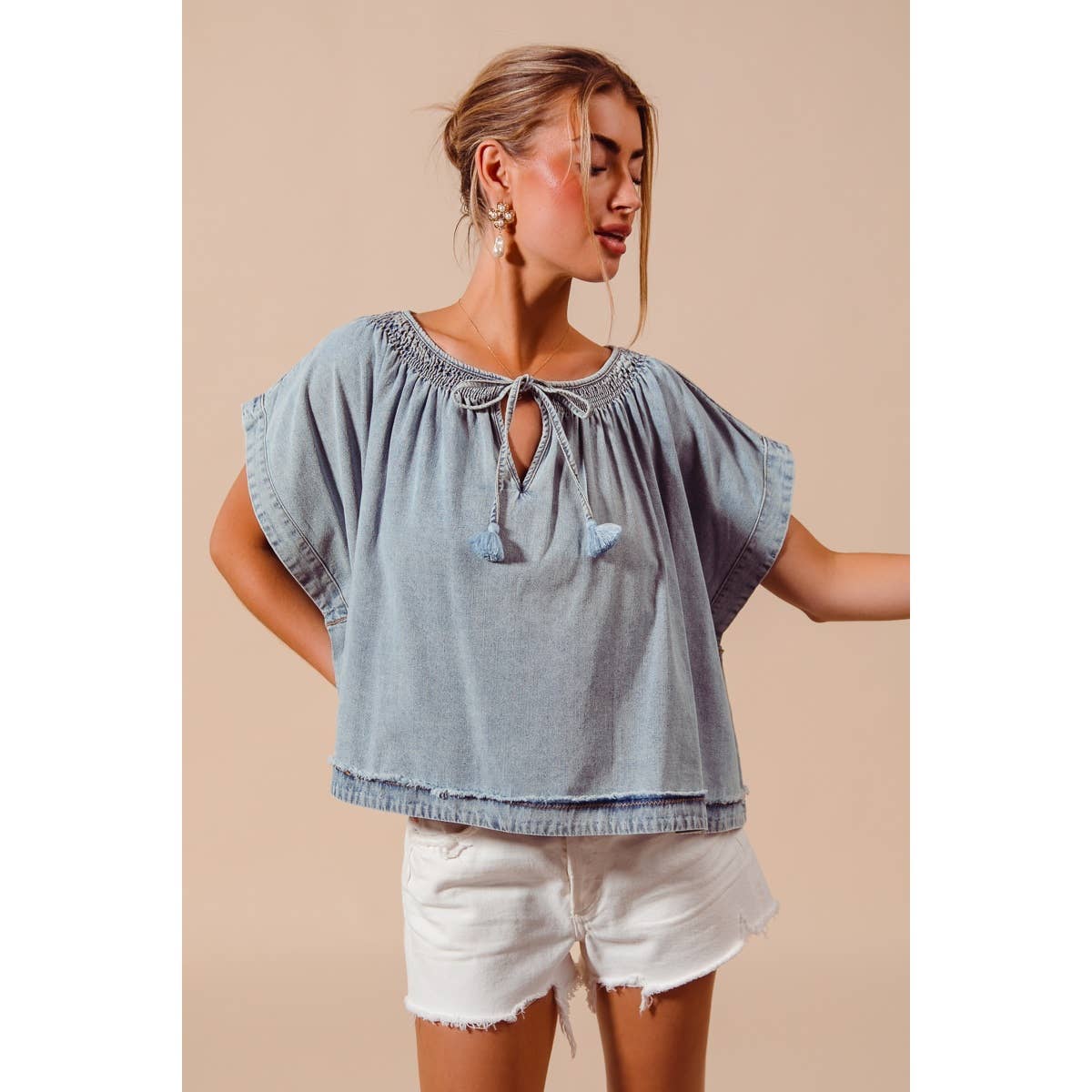 SMOCKED NECK DOLMAN CHAMBRAY DENIM BLOUSE TOP