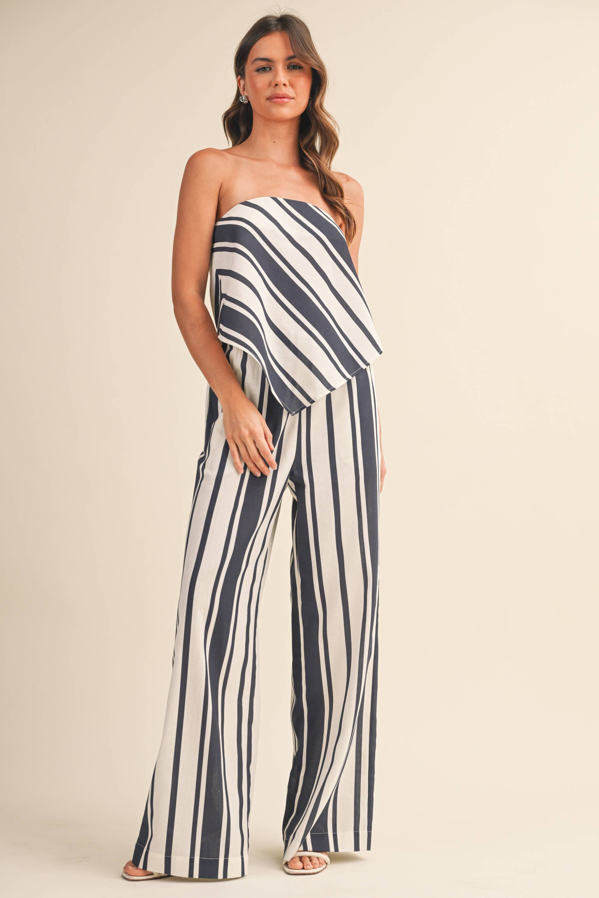 STRIPED SOCIAL LINEN TUBE TOP AND WIDE LEG PANTS SET