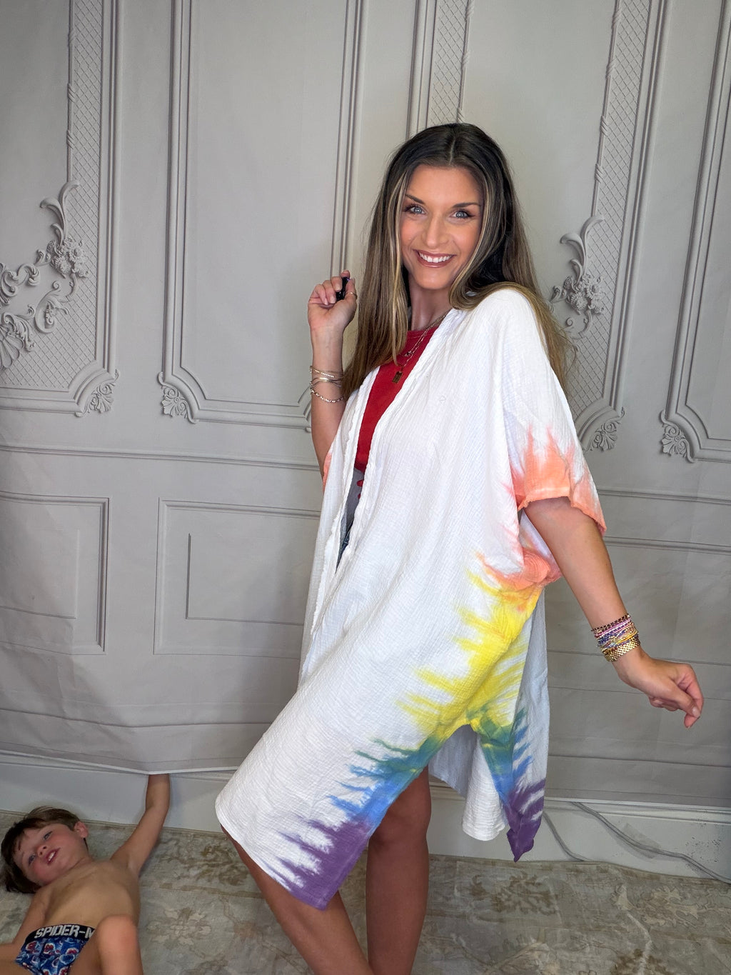 Cotton Gauze Tie Dye Open Front Cardigan
