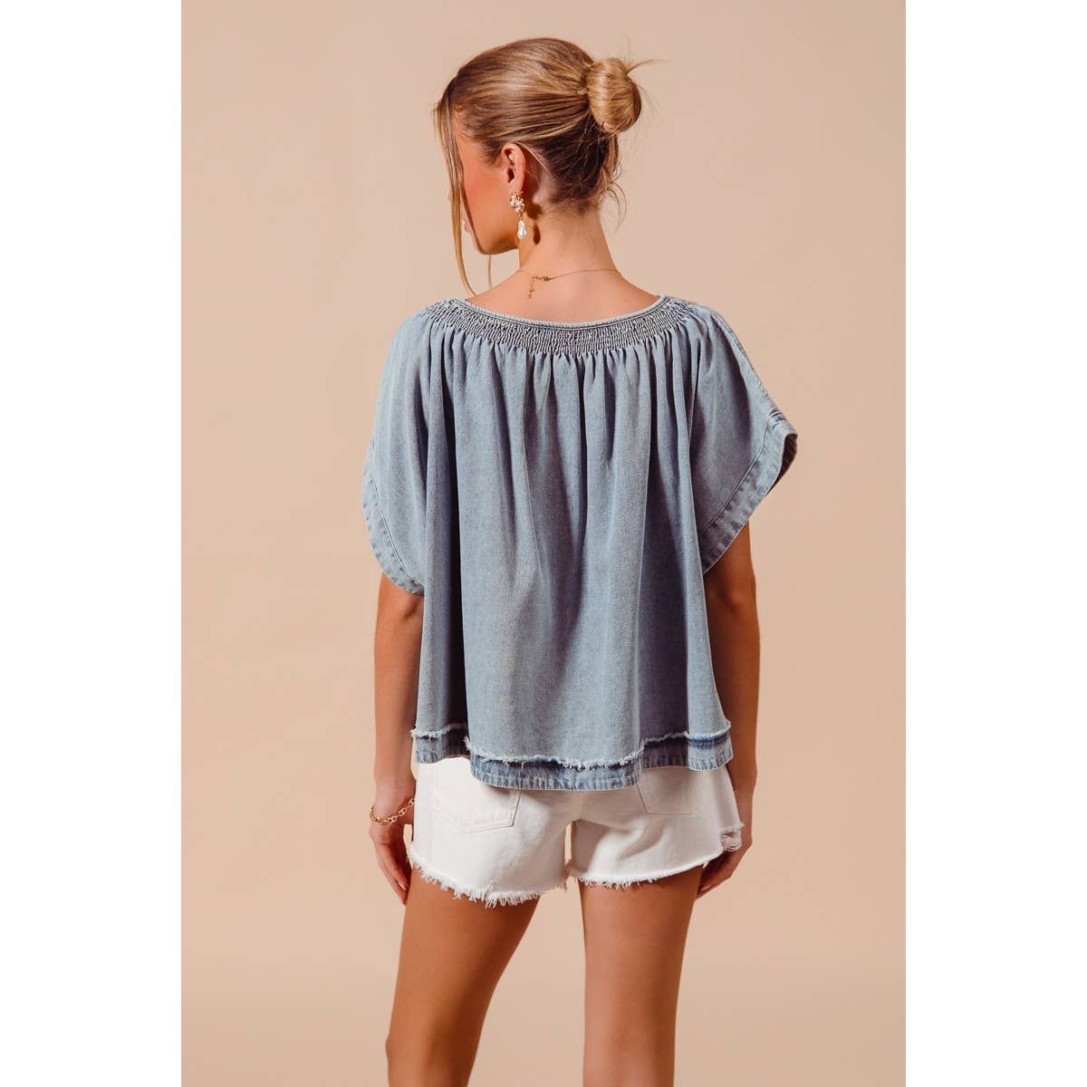 SMOCKED NECK DOLMAN CHAMBRAY DENIM BLOUSE TOP