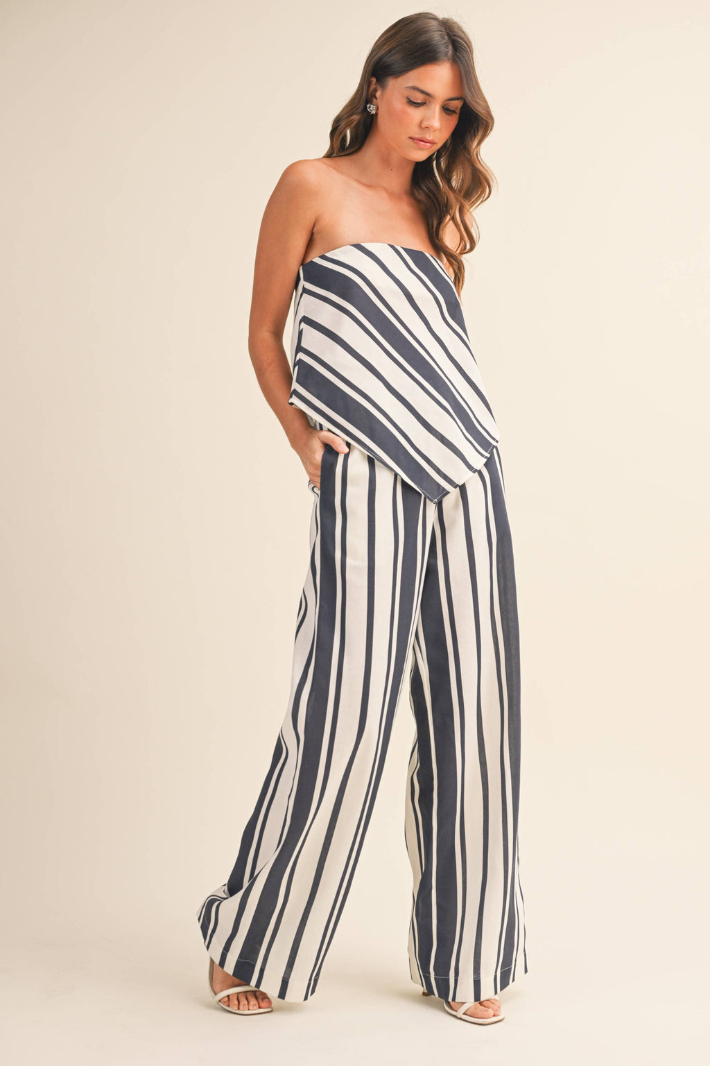 STRIPED SOCIAL LINEN TUBE TOP AND WIDE LEG PANTS SET