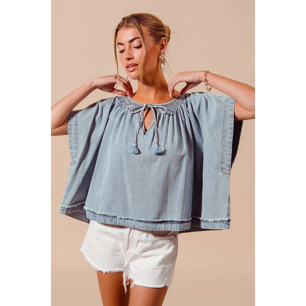 SMOCKED NECK DOLMAN CHAMBRAY DENIM BLOUSE TOP