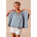 SMOCKED NECK DOLMAN CHAMBRAY DENIM BLOUSE TOP