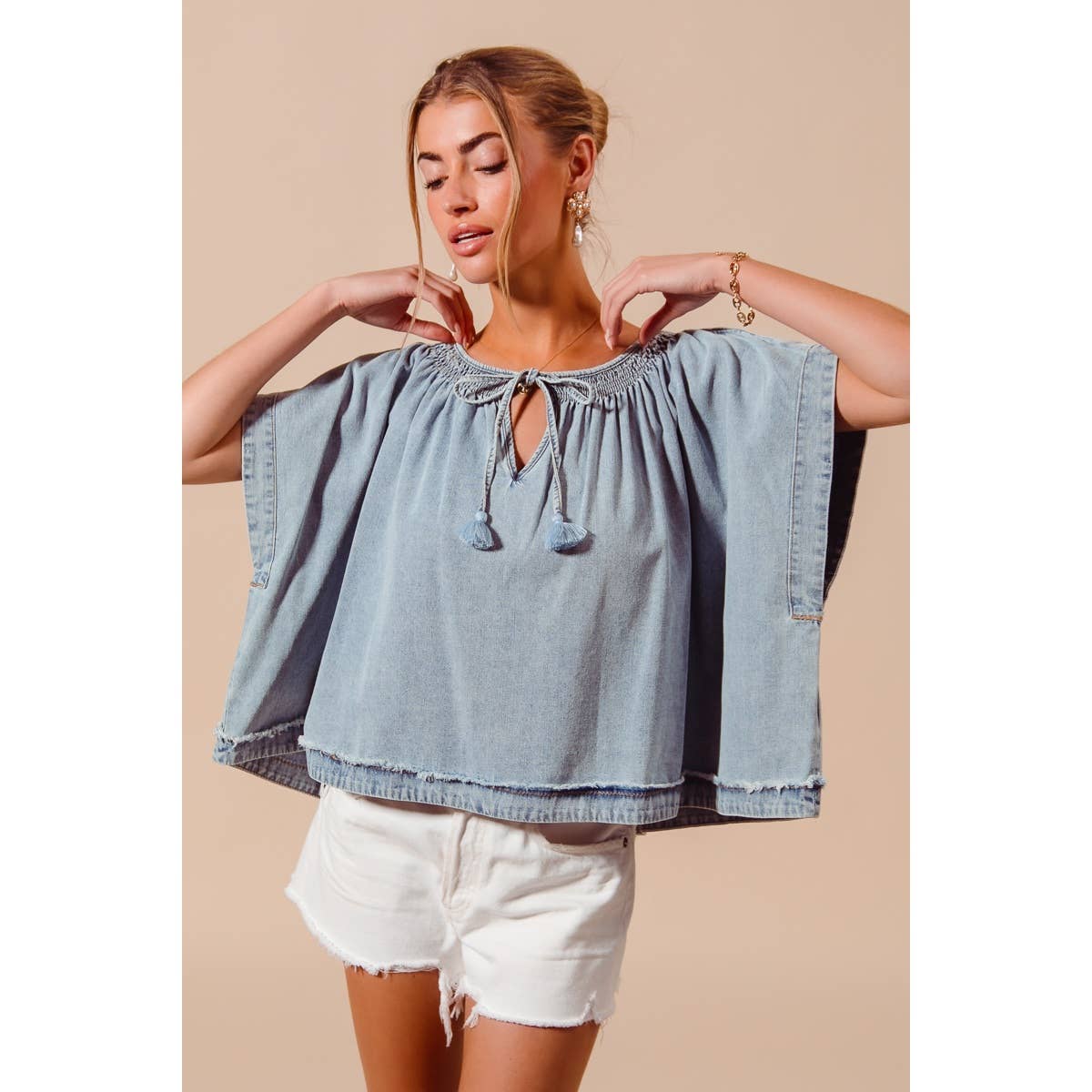 SMOCKED NECK DOLMAN CHAMBRAY DENIM BLOUSE TOP