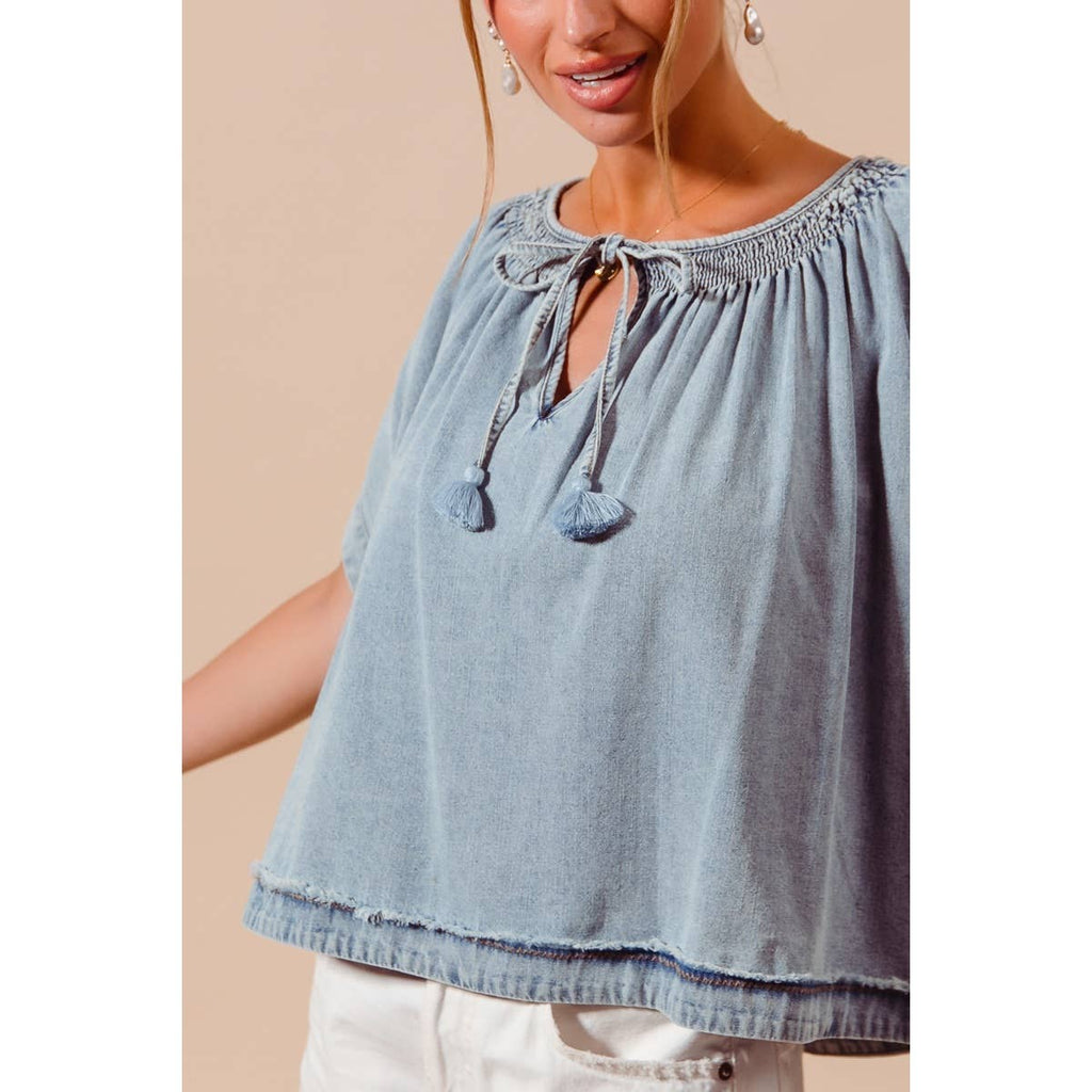 SMOCKED NECK DOLMAN CHAMBRAY DENIM BLOUSE TOP