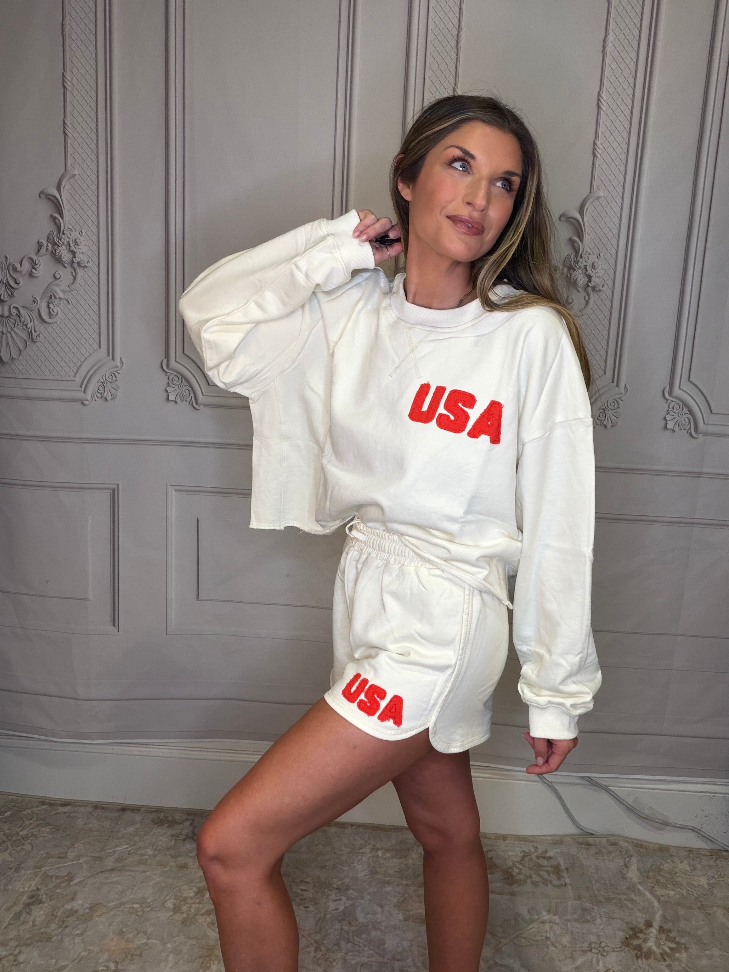 Knit Cotton Crew Pullover with USA Patch