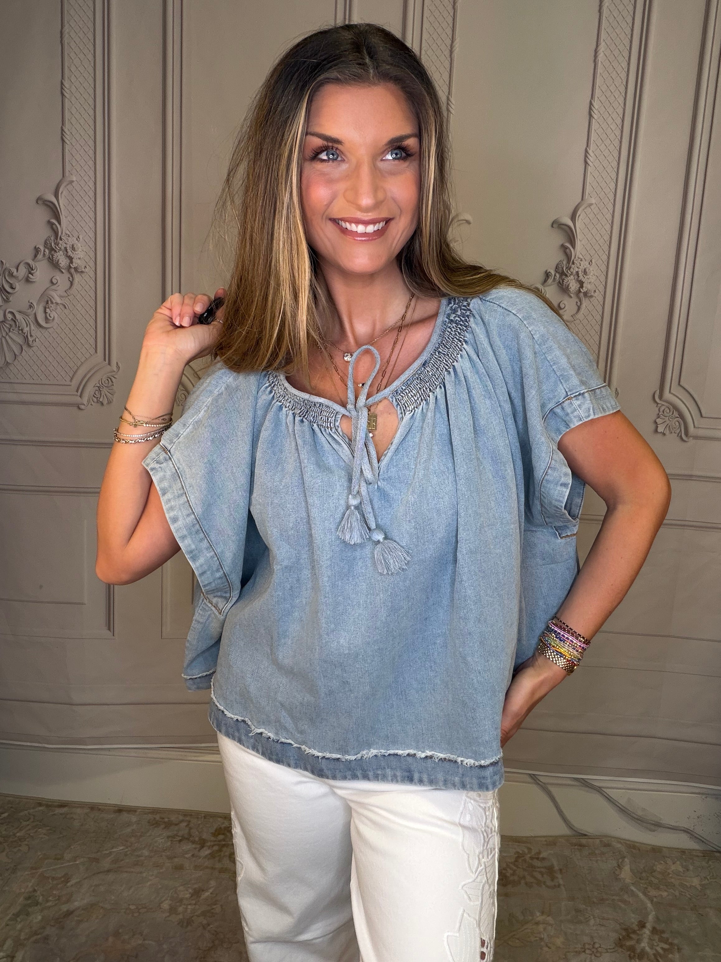 SMOCKED NECK DOLMAN CHAMBRAY DENIM BLOUSE TOP