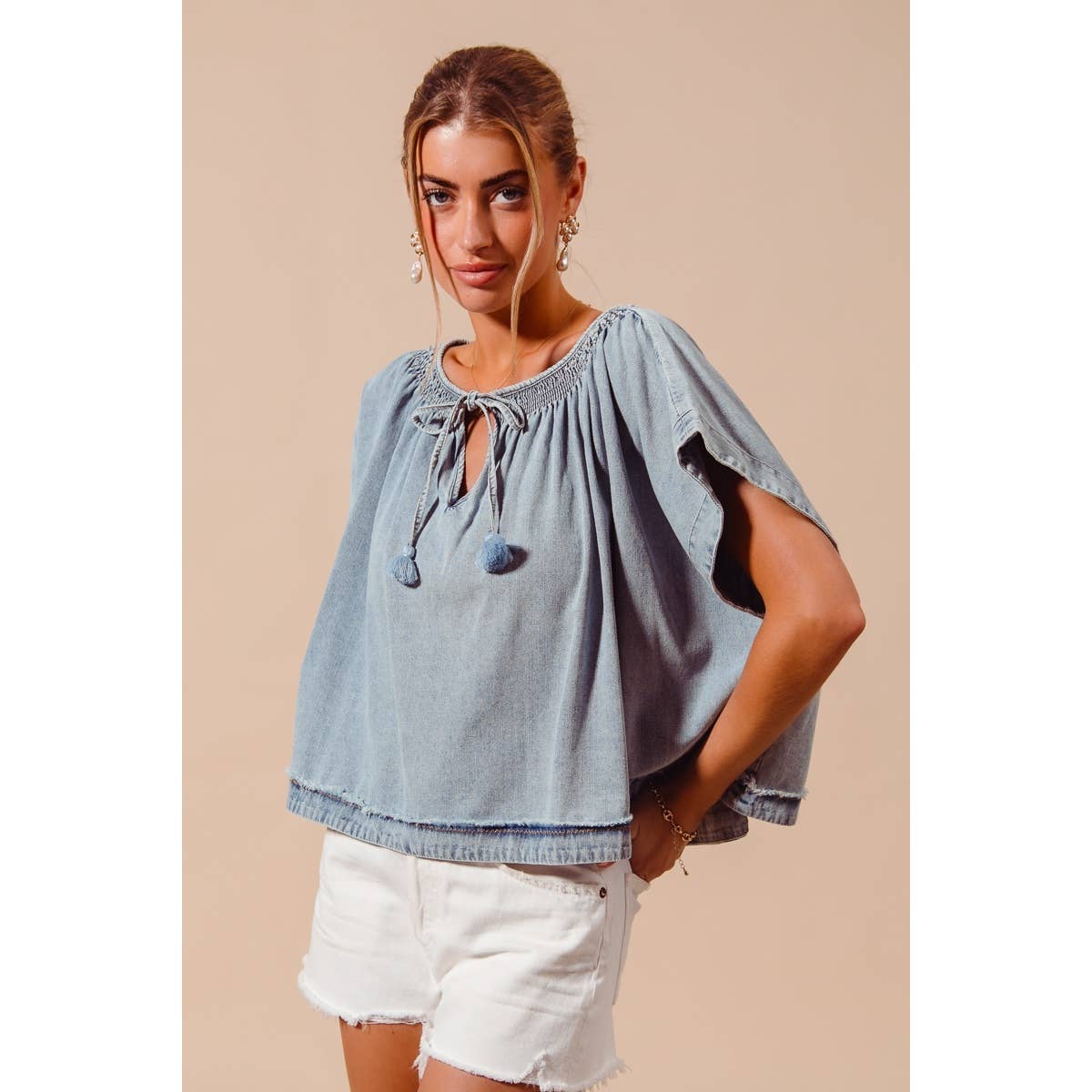 SMOCKED NECK DOLMAN CHAMBRAY DENIM BLOUSE TOP