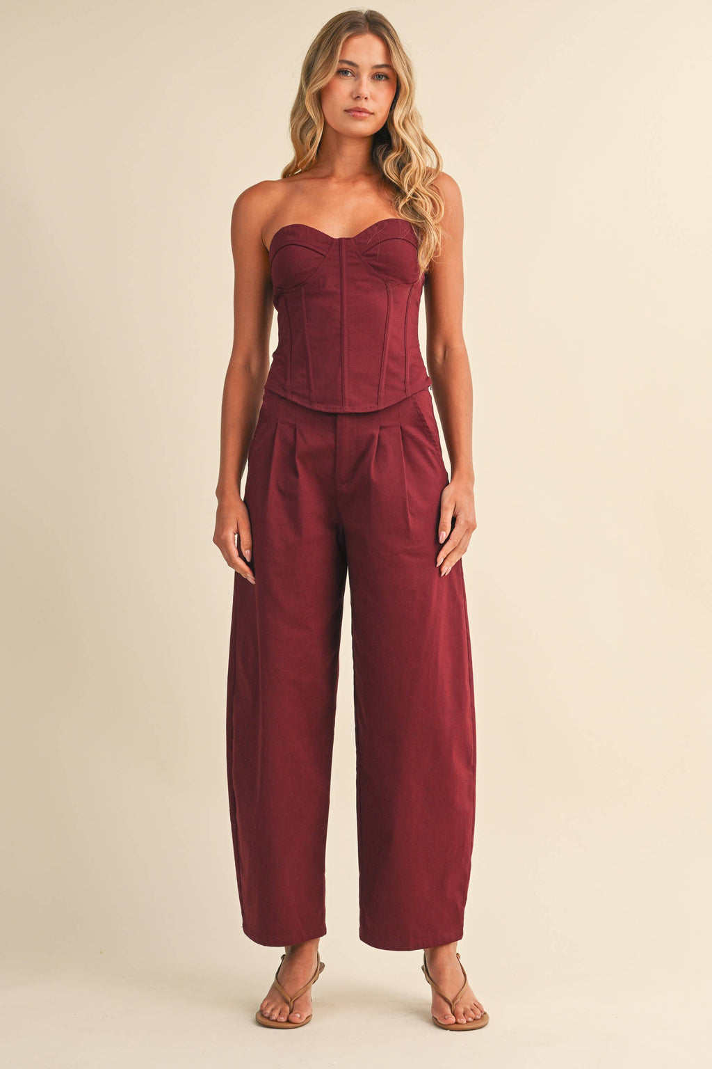 MAROON MAYHEM CROSET TOP AND BARREL LEG PANT