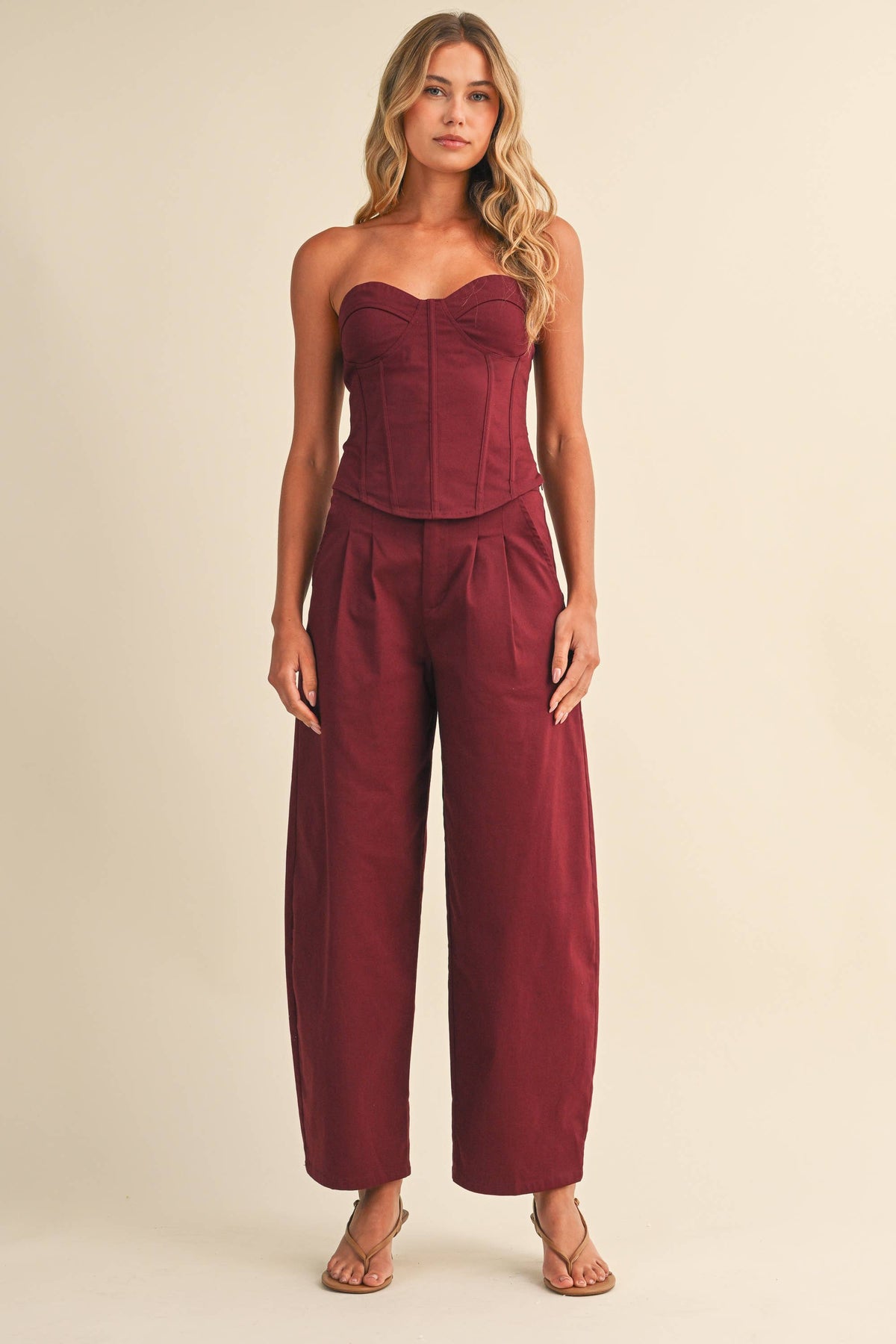 MAROON MAYHEM CROSET TOP AND BARREL LEG PANT