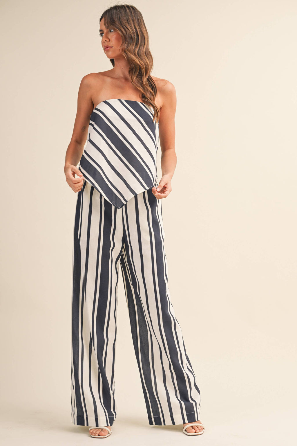 STRIPED SOCIAL LINEN TUBE TOP AND WIDE LEG PANTS SET