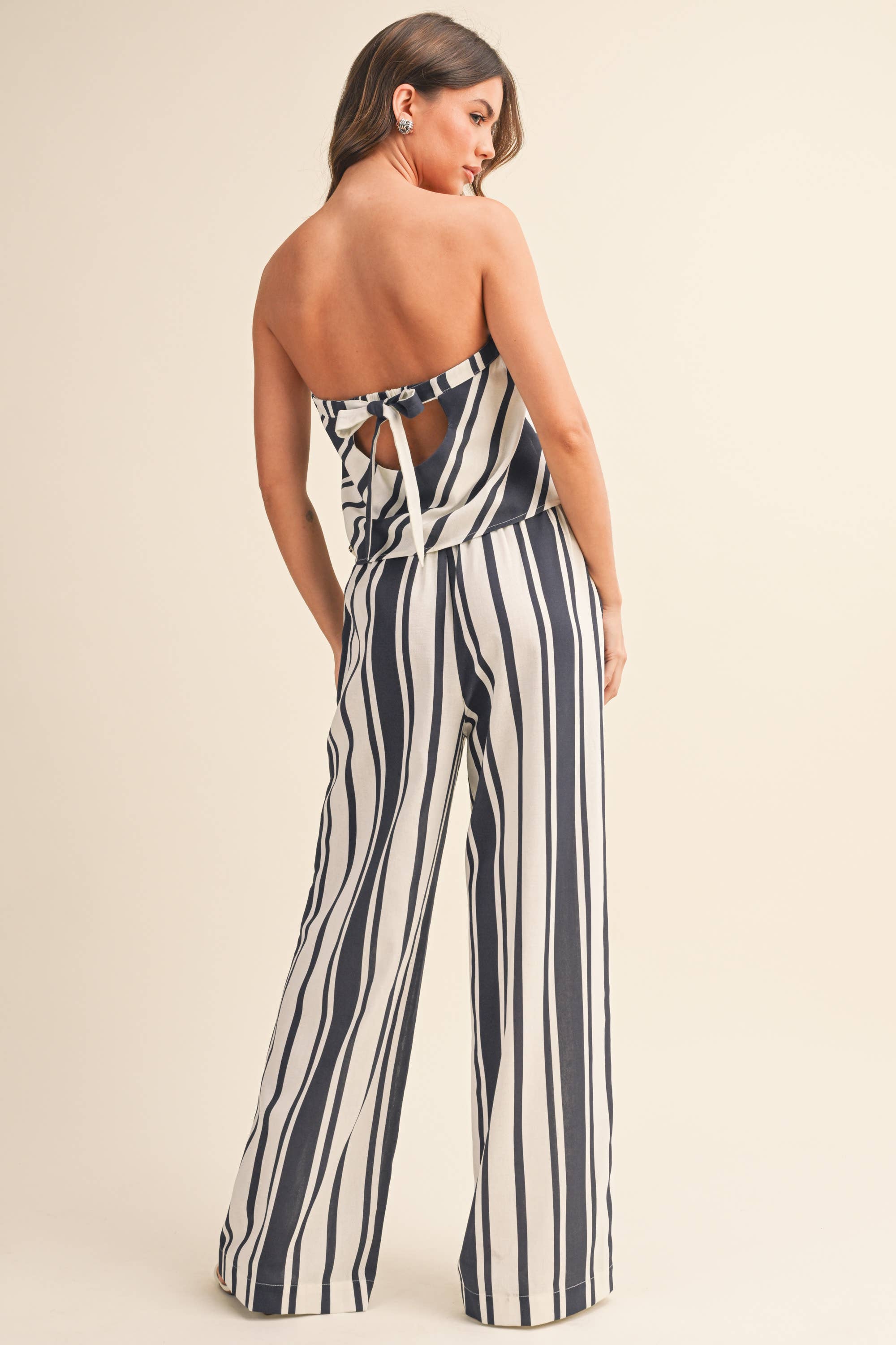 STRIPED SOCIAL LINEN TUBE TOP AND WIDE LEG PANTS SET