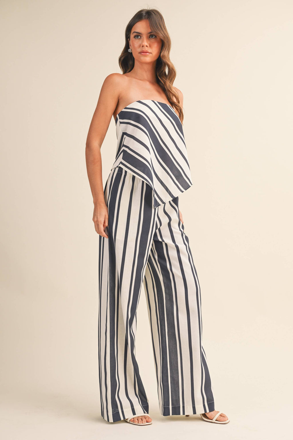 STRIPED SOCIAL LINEN TUBE TOP AND WIDE LEG PANTS SET
