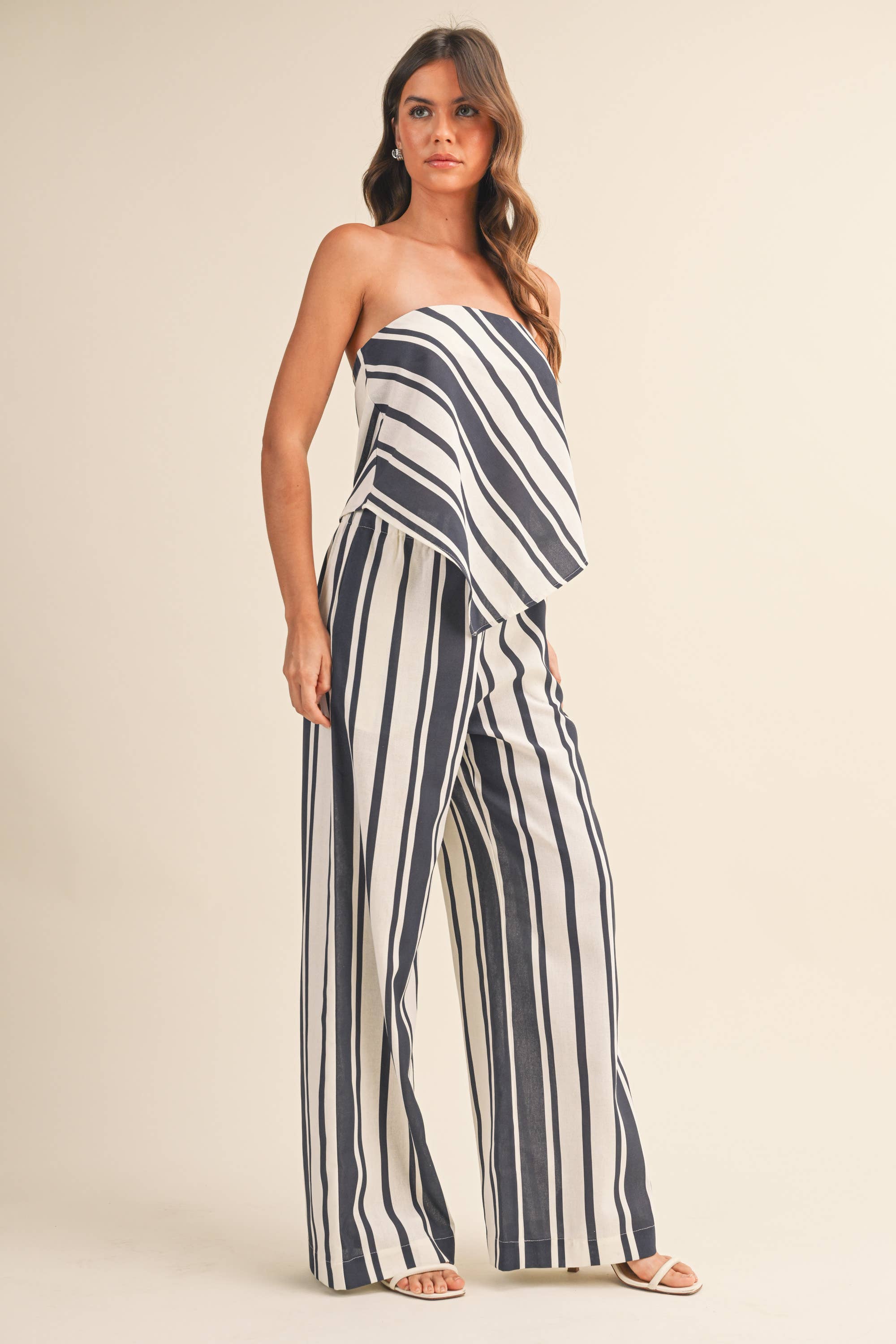 STRIPED SOCIAL LINEN TUBE TOP AND WIDE LEG PANTS SET