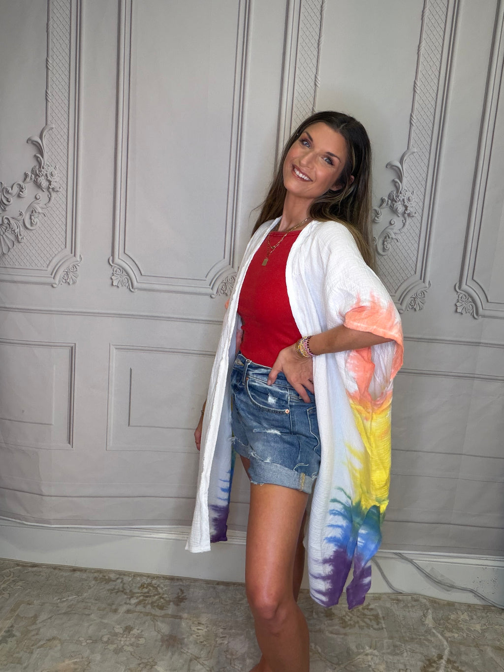 Cotton Gauze Tie Dye Open Front Cardigan