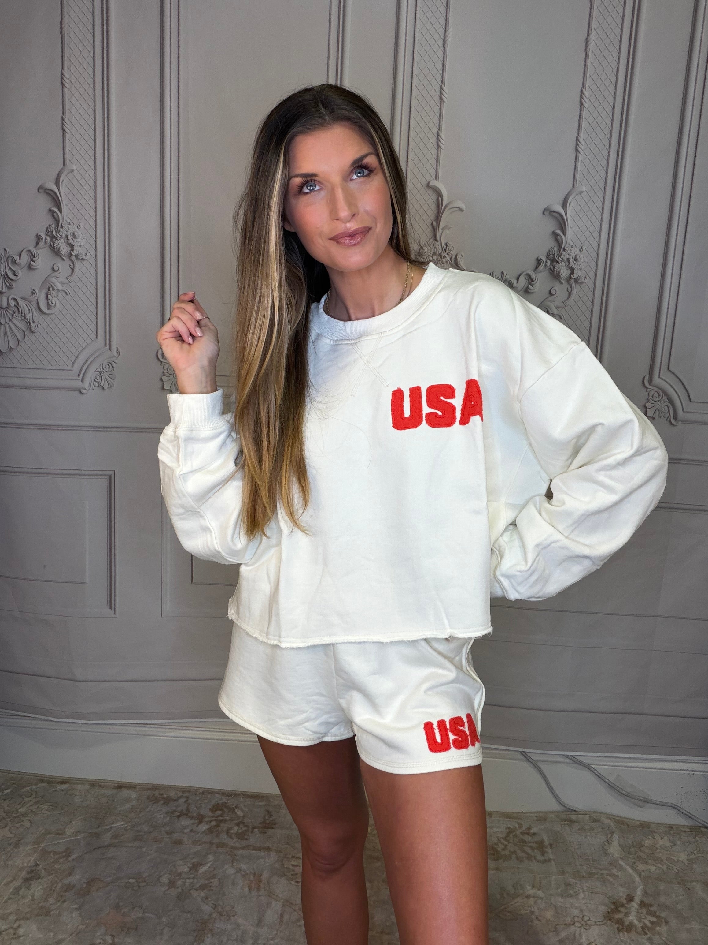 Knit Cotton French Terry Shorts With USA Patch
