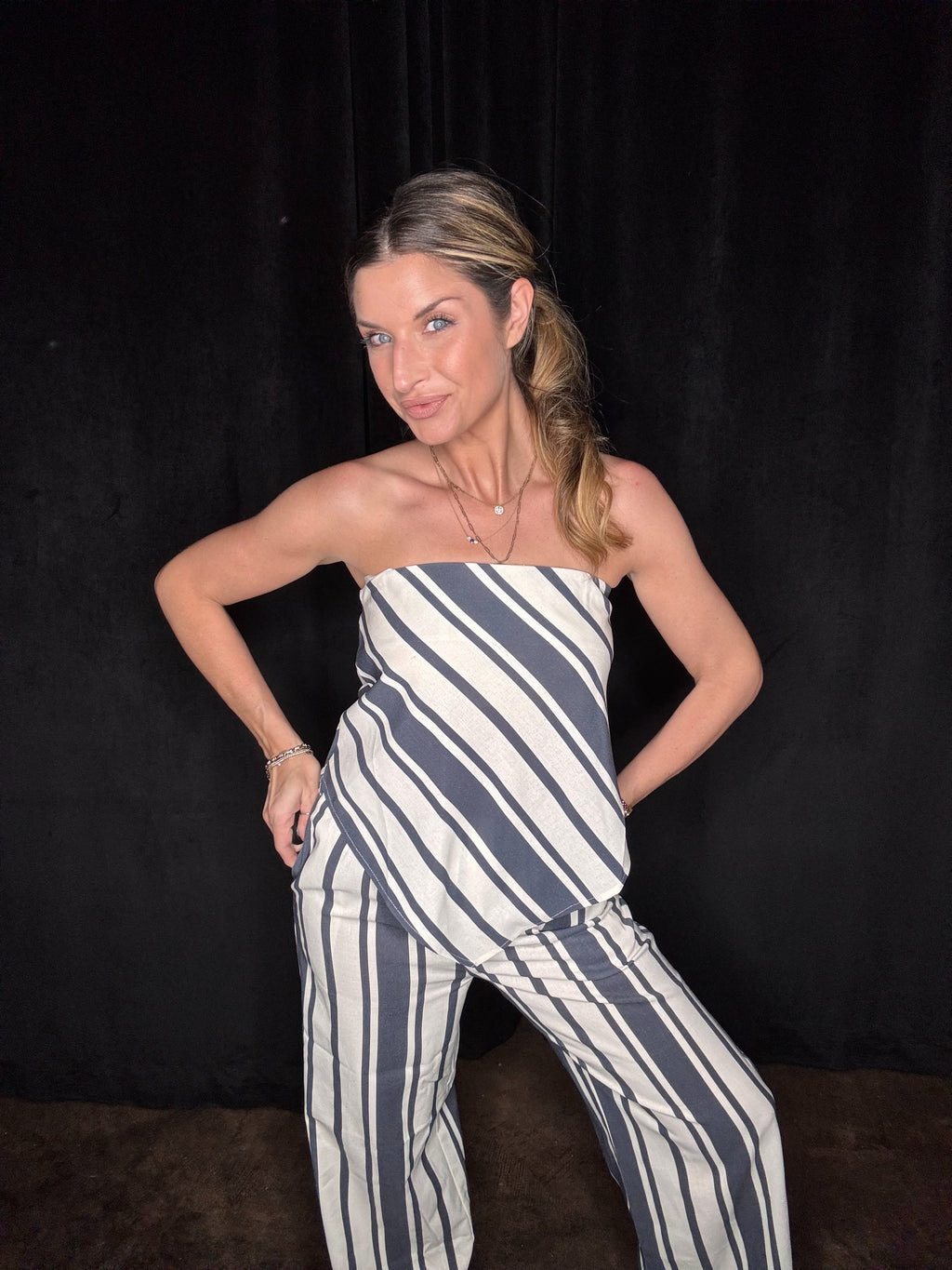 STRIPED SOCIAL LINEN TUBE TOP AND WIDE LEG PANTS SET