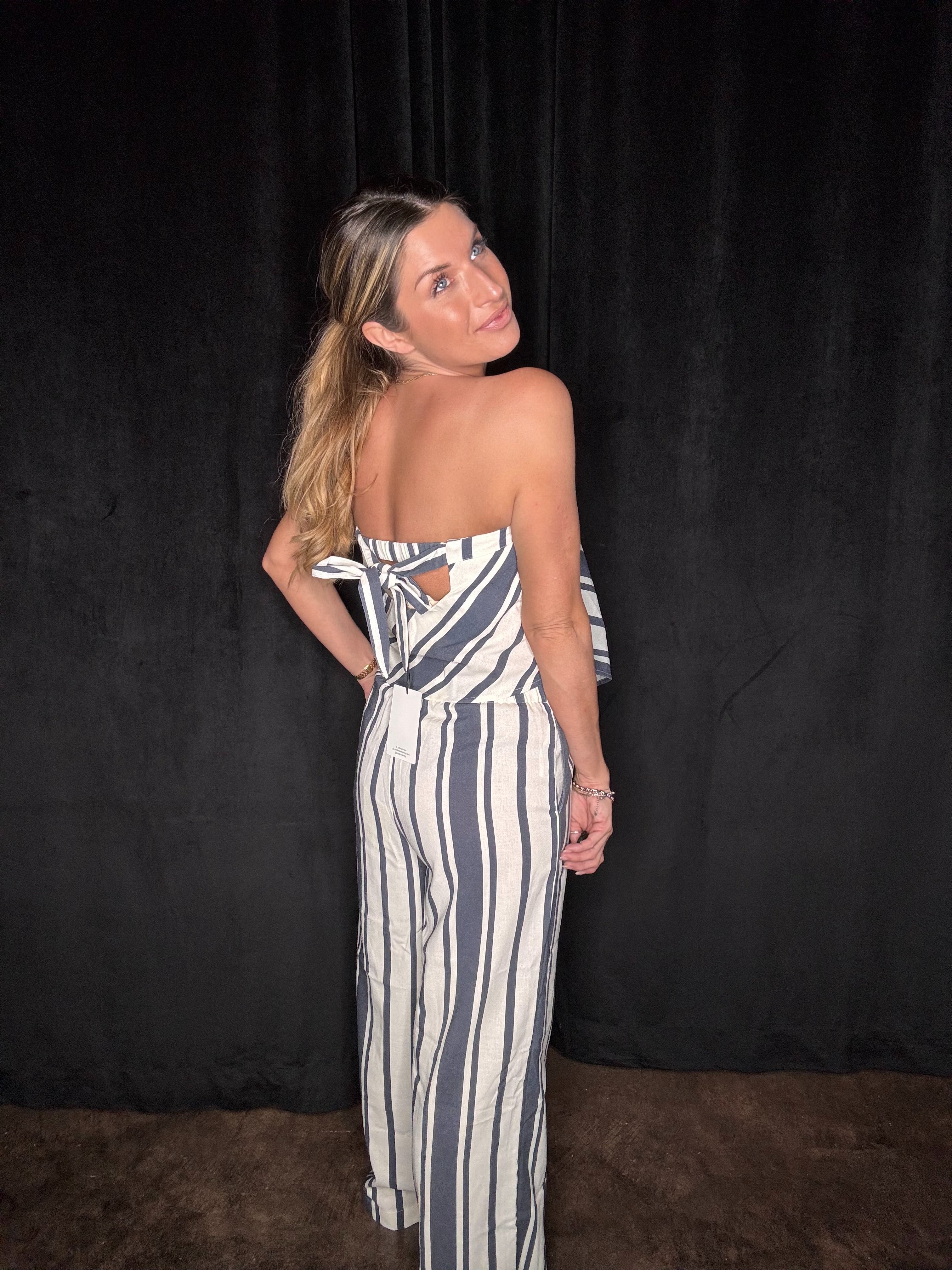 STRIPED SOCIAL LINEN TUBE TOP AND WIDE LEG PANTS SET