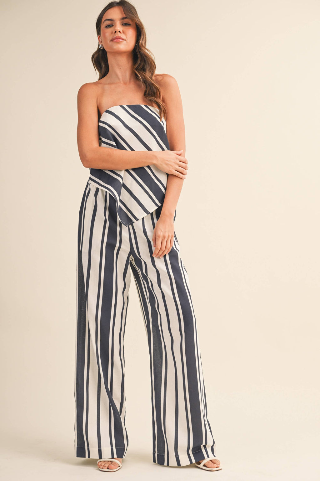 STRIPED SOCIAL LINEN TUBE TOP AND WIDE LEG PANTS SET