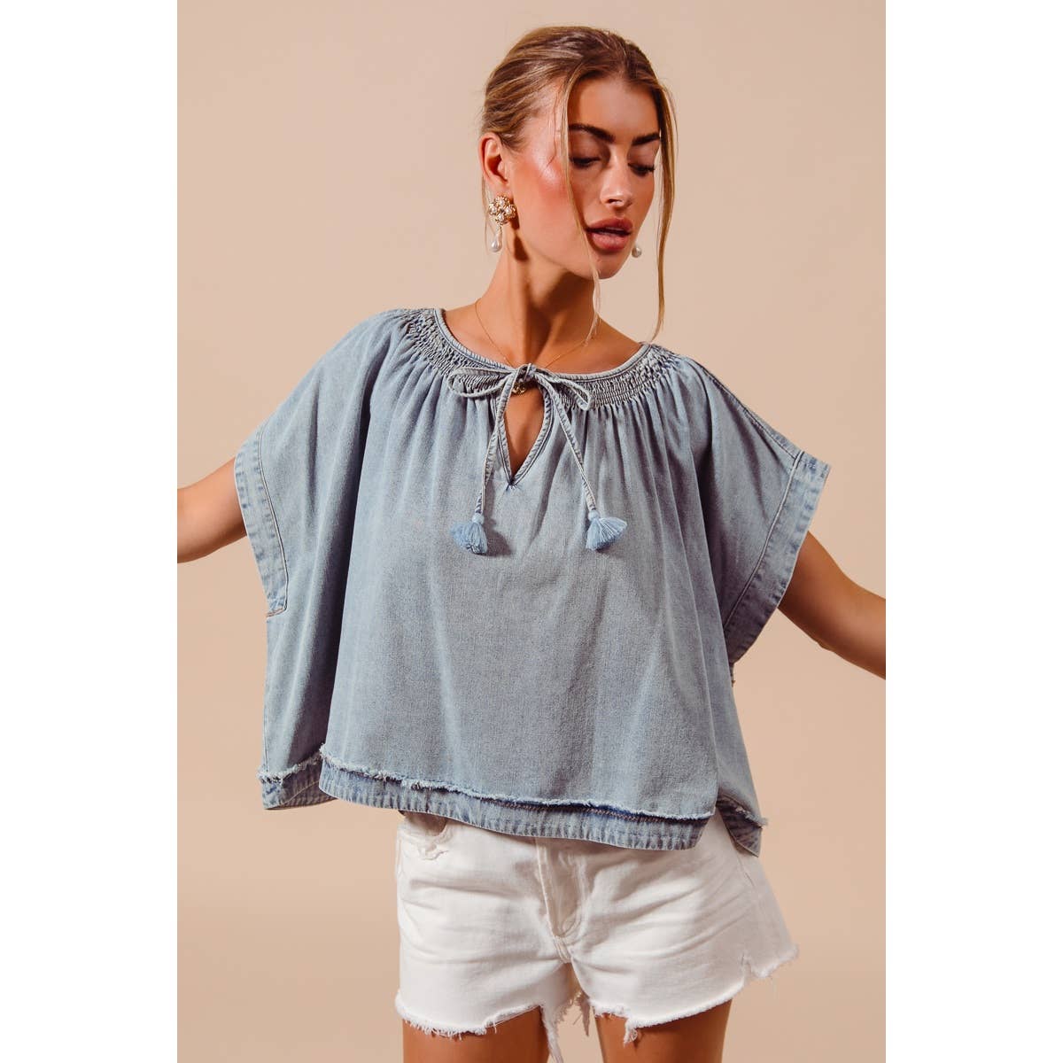 SMOCKED NECK DOLMAN CHAMBRAY DENIM BLOUSE TOP