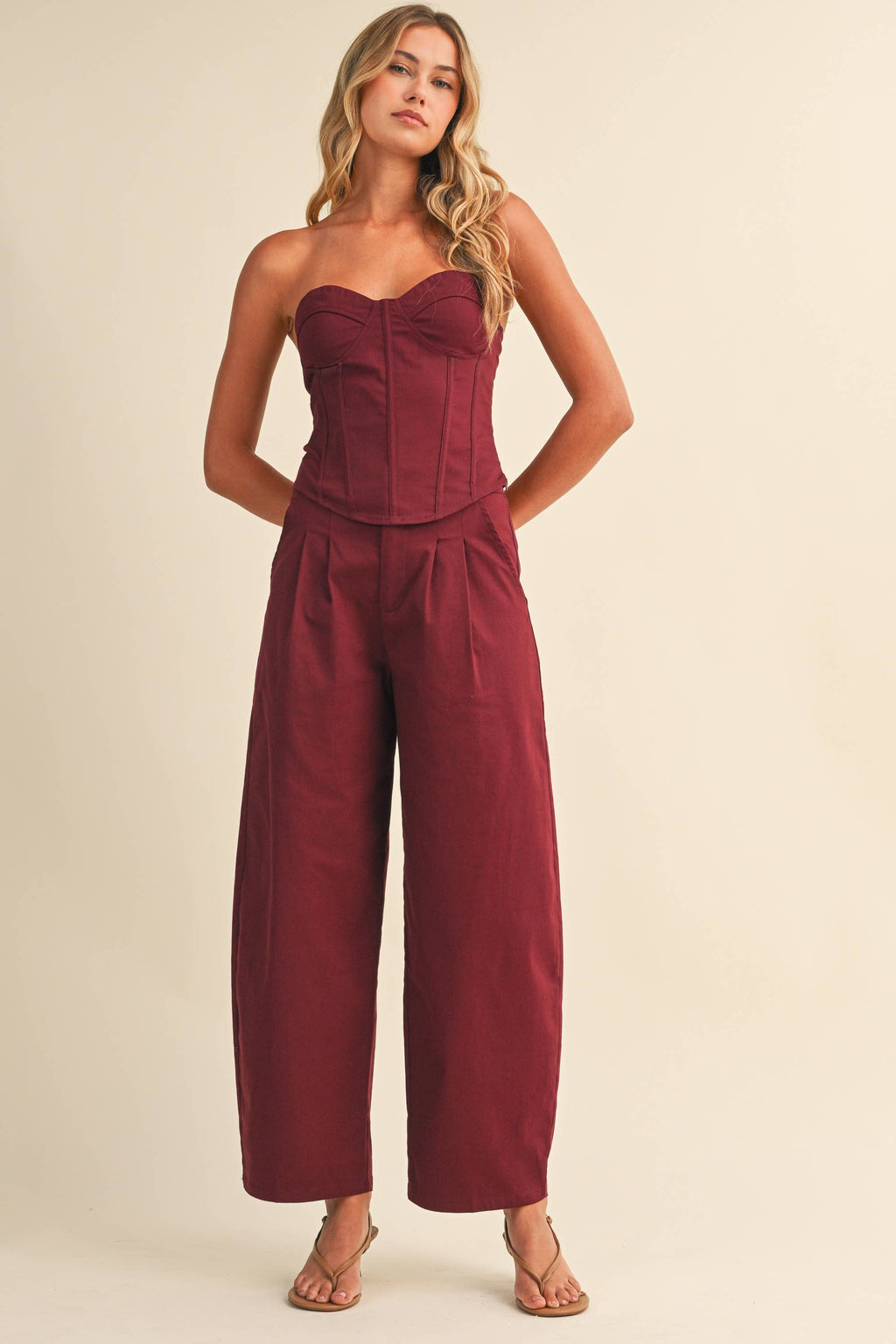 MAROON MAYHEM CROSET TOP AND BARREL LEG PANT
