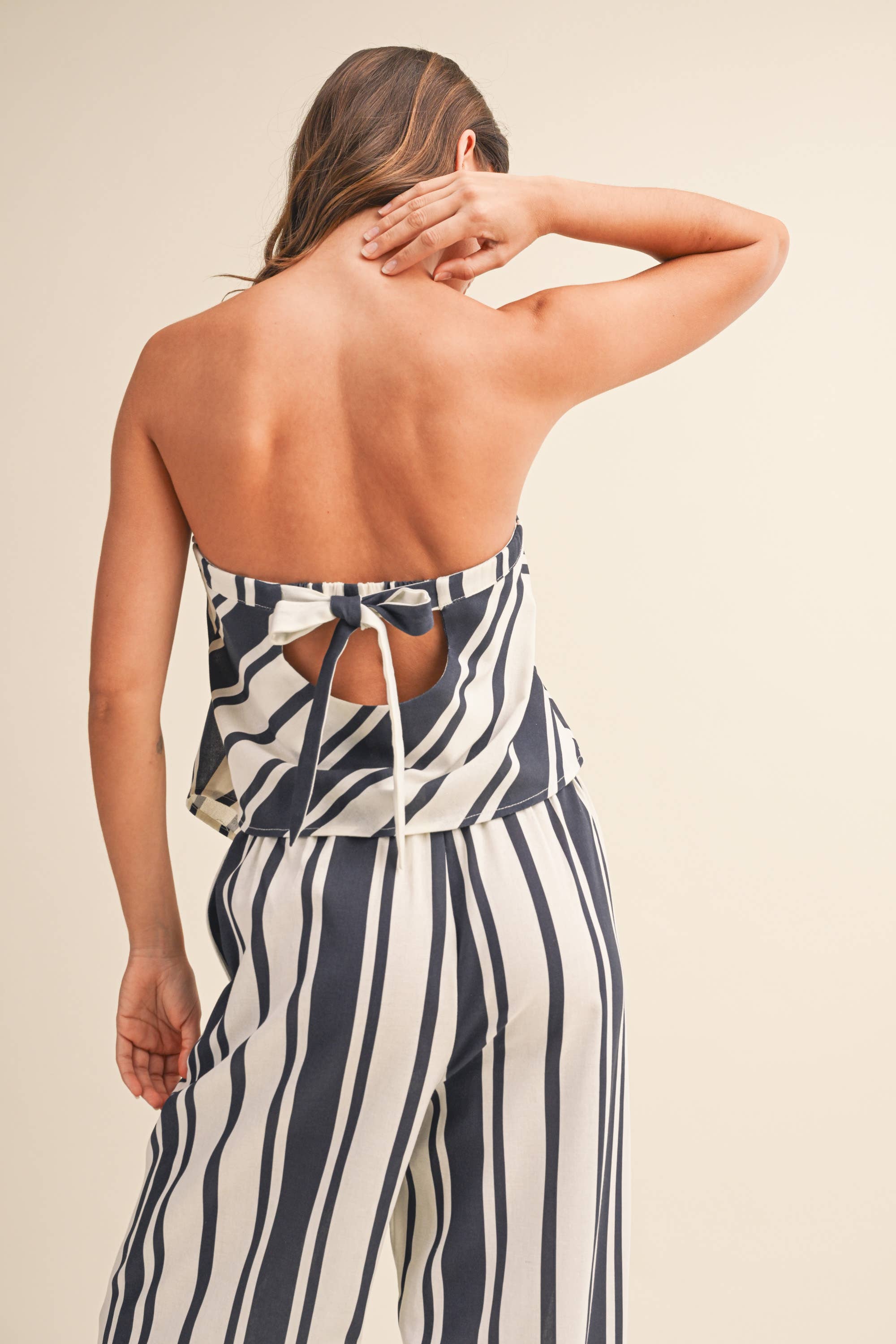STRIPED SOCIAL LINEN TUBE TOP AND WIDE LEG PANTS SET