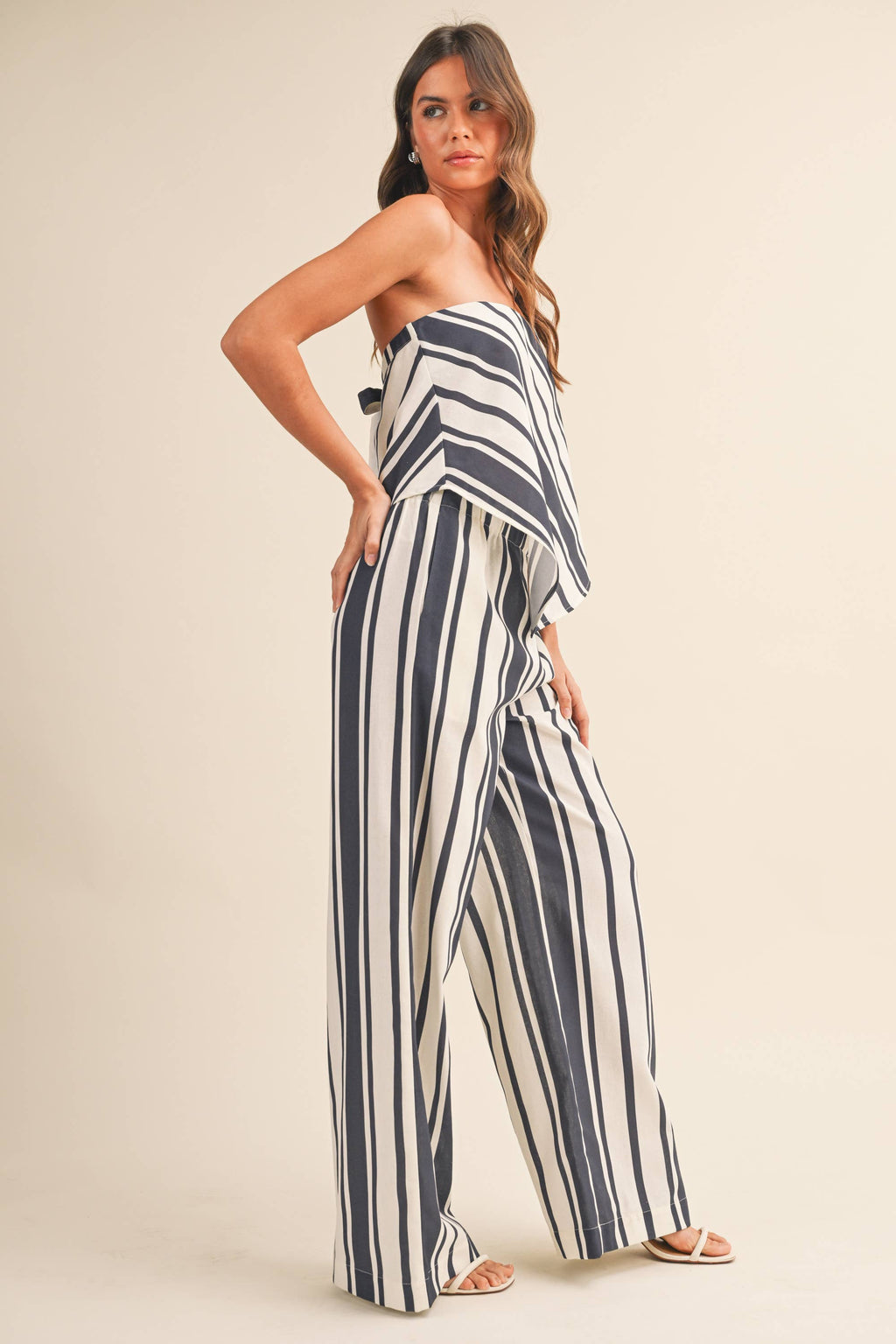 STRIPED SOCIAL LINEN TUBE TOP AND WIDE LEG PANTS SET