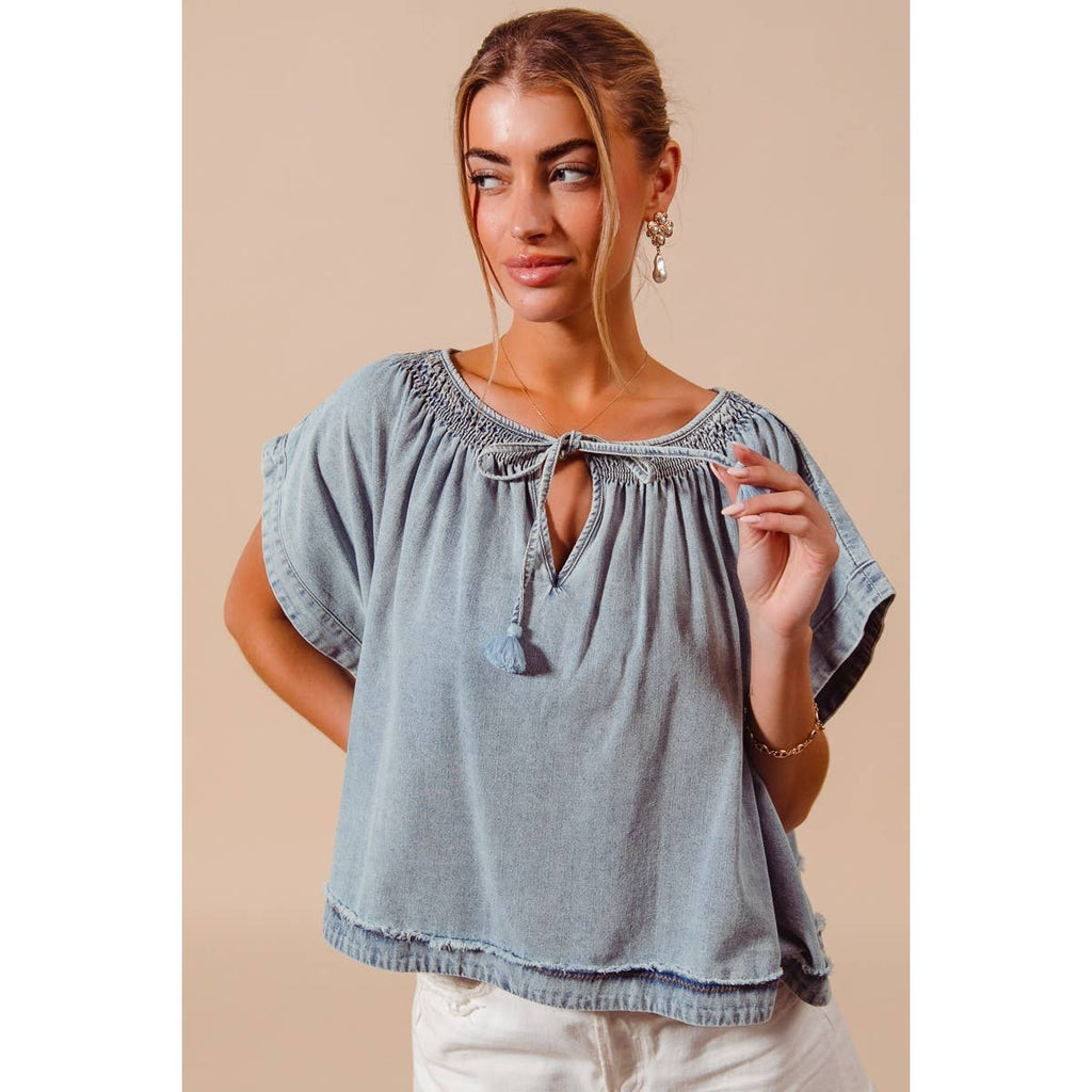 SMOCKED NECK DOLMAN CHAMBRAY DENIM BLOUSE TOP